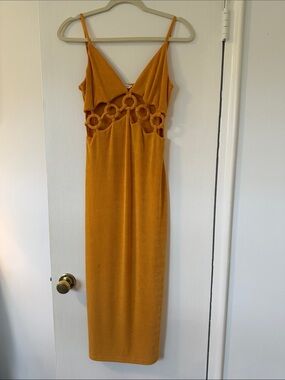 Spaghetti-Strap Midi Dress with Ring Cutout Detail in Mustard